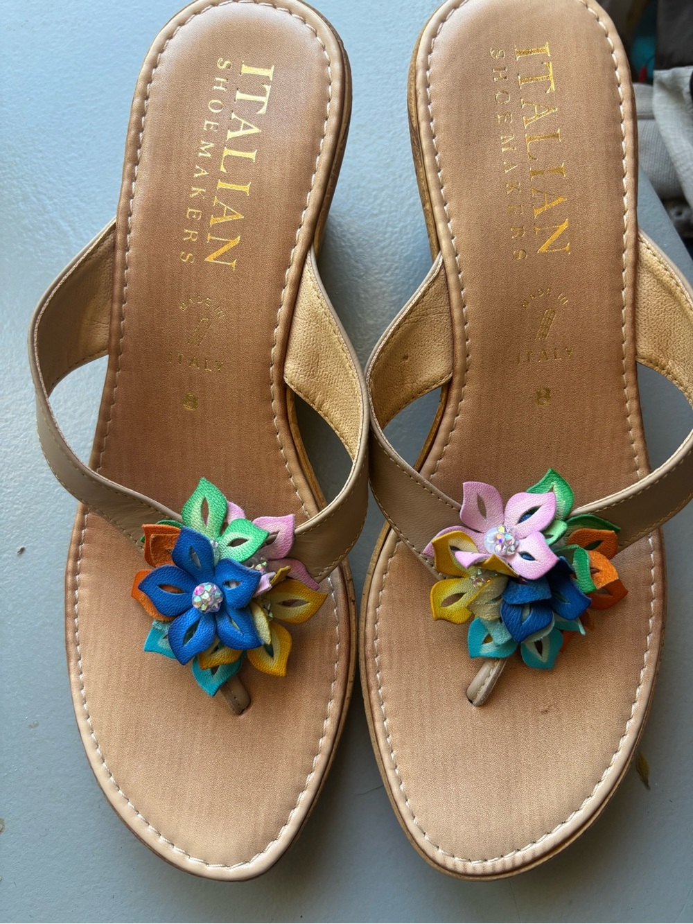 Italian Shoemakers Tan Sandals with Colorful Floral Embellishments - Picture 3 of 5
